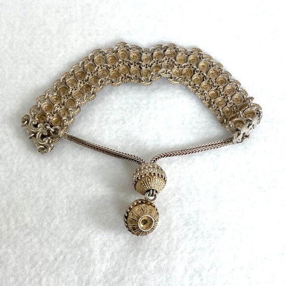 Vintage Antique 800 Silver 2 Row Diamond Cut Adjustable Foxtail Slide Bracelet - Picture 6 of 17